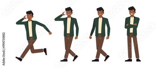 Set of character poses featuring man running and walking while talking on phone and standing with arms crossed for active business communication. Vector illustration design.