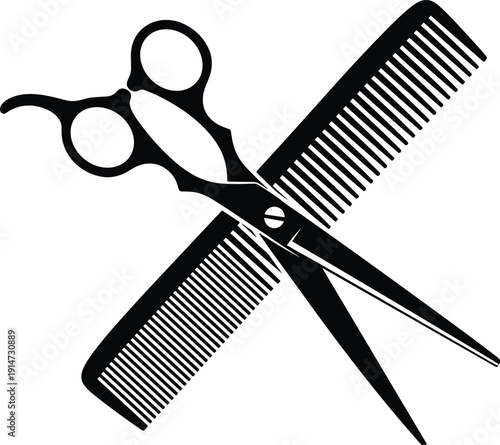 Black and White Professional Barber Shears and Hair Comb Crossed Icon Vector Illustration for Salon Logo Hairdressing Services and Grooming