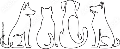 dog cat line drawing four pets continuous single line illustration