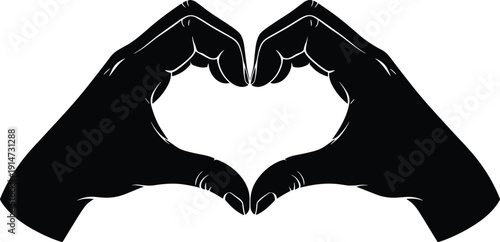 Black and white silhouette illustration of two hands forming a heart shape symbol representing love, care, unity, and romantic connection.