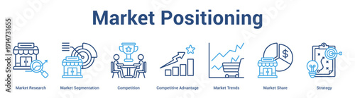 Market Positioning web banner icon set vector illustration concept for business with icon of Market Research, Market Segmentation, Competition, Competitive Advantage, Market Trends, Mar.