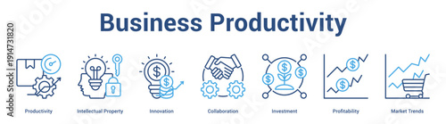 Business Productivity web banner icon set vector illustration concept for business with icon of Productivity, Intellectual Property, Innovation, Collaboration, Investment, Profitabili.