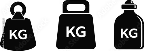 Black Kilogram Weight Icons Set Featuring Diverse Mass Scales and Heavy Load Symbols for Measurement Strength Fitness and Industrial Pressure Design