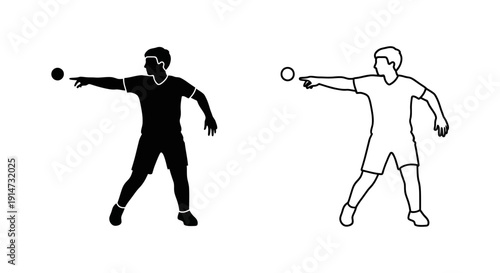 Two baseball players pitching ball on field, black and white line art Vector