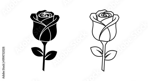 Two black and white roses with leaves and stems Vector