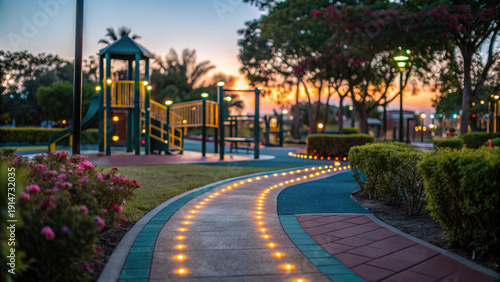 Public park layout playground landscape design path glows at sunset creating warm inviting scene for evening walk