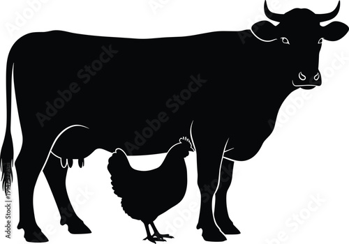 Black silhouette of a cow and chicken standing together isolated on white background for farm livestock and dairy industry icons