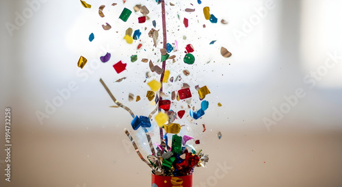 Vibrant confetti explosion bursts from a party popper, creating a joyful celebration of festive moments and success.