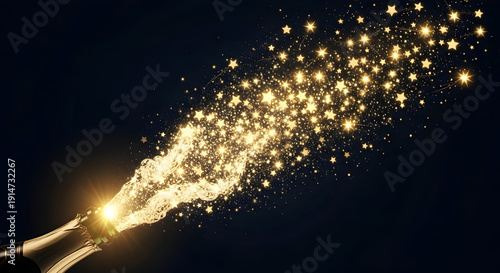 Luxurious champagne bottle popping with a dazzling explosion of golden stars, perfect for festive celebrations and elegant events.
