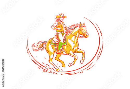 Cowboy rider artwork for t-shirt design. Horse riding graphic print for apparel. Rodeo wild west vintage illustration. Galloping wild horse action ske