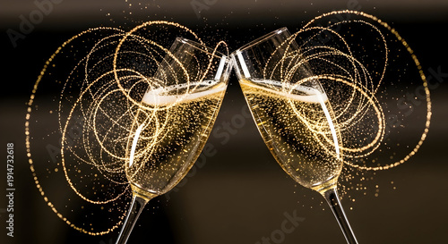 Elegant champagne flutes clinking in a sparkling toast, celebrating success with golden bubbles and festive light trails
