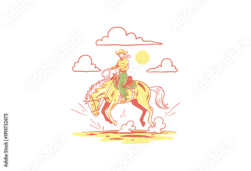 Cowgirl artwork for apparel and t-shirt design. Western artwork poster print. Vintage ranch rodeo illustration. Wild West graphic design. Horse riding