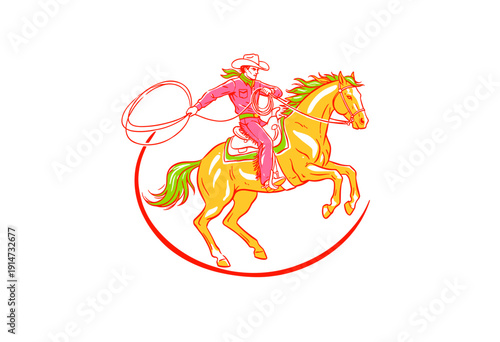 Rodeo cowboy riding horse artwork. Wild west t-shirt graphic print design. Bucking bronco vintage illustration. Western adventure apparel design. Retr