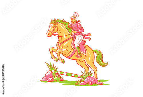 Horse riding illustration artwork. Equestrian jump sketch design. Rider in traditional clothing jumping. Vintage horse show graphic print. Traditional