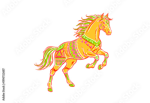 Horse rearing vector illustration design. Tribal geometric pattern artwork for t-shirt. Vibrant ethnic design element. Wild mustang colorful graphic p