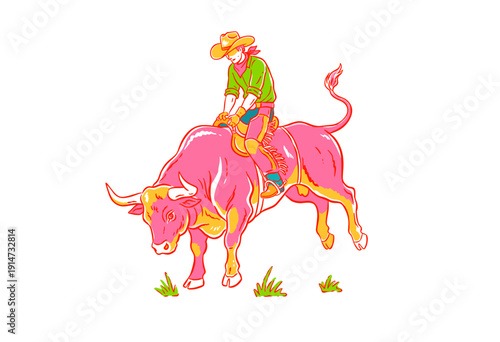 Bull rider artwork design for t-shirt. Cowboy rodeo sport competition. Wild west extreme challenge graphic. Vintage neon style poster design. Western