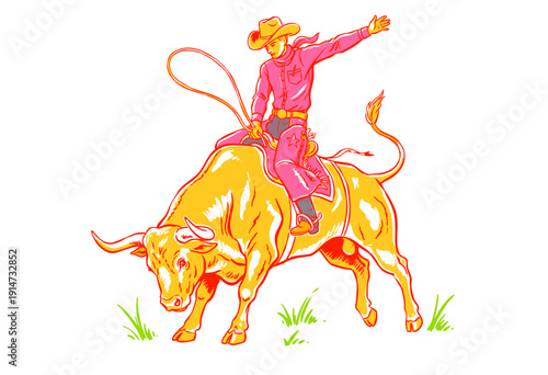 Rodeo cowboy riding bull illustration. Wild west sport graphic print design. Bull riding artwork for t-shirt and apparel. Vintage style poster design