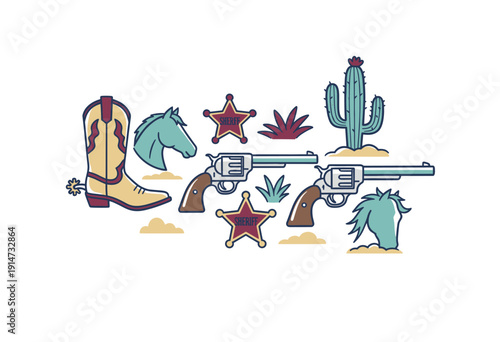 Wild West cowboy vector artwork for t-shirt. Vintage western design. Revolver gun illustration. Cowboy boot and cactus sketch. Sheriff badge vector de