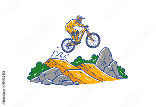 Mountain bike jump artwork. Extreme sport downhill design. Bike racing graphic print for apparel. Off road biking illustration. Adrenaline rush advent