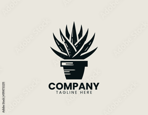 Black vector logo aloe vera succulent plant with long pointed leaves growing from a round pot1