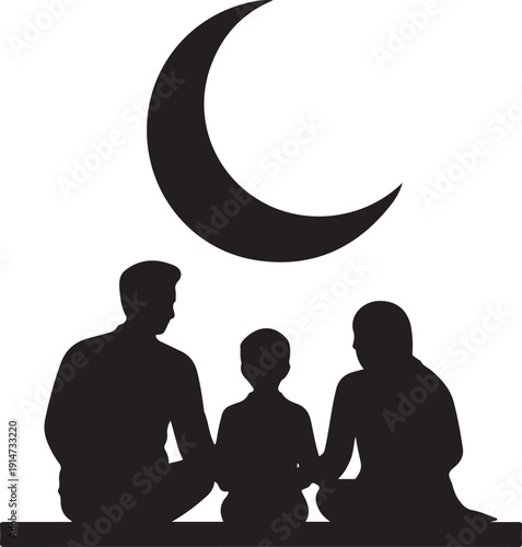Silhouette of family with child sitting under crescent moon night