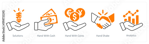 A set of 5 mix icons as solutions, hand with cash, hand with coins