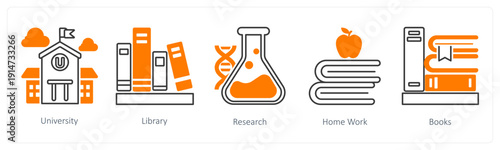 A set of 5 mix icons as university, library, researc
