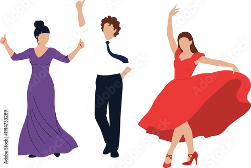 Cheerful diverse group of people in formal attire dancing and celebrating at a gala party wedding or corporate social event
