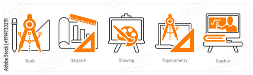 A set of 5 mix icons as tools, diagram, drawing