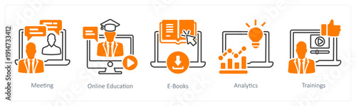 A set of 5 mix icons as meeting, online education, e books