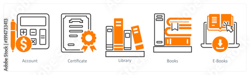 A set of 5 mix icons as account, certificate, library