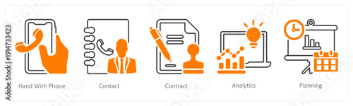 A set of 5 mix icons as hand with phone, contact, contract
