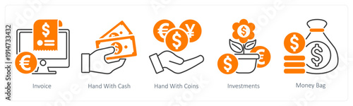 A set of 5 mix icons as invoice, hand with coins, hand with cash