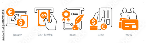 A set of 5 mix icons as transfer, cash banking, bonds
