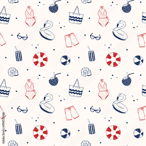 Seamless hand-drawn vector beach pattern in doodle style with swimwear, shorts, inflatable flamingo, lifebuoy, beach bag, cocktail, and seashells. Ideal for summer vacation and coastal designs