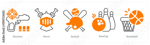 A set of 5 mix icons as revolver, genre, baseball