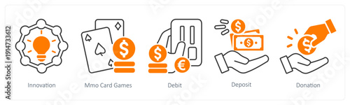A set of 5 mix icons as innovation, mmo card games, debit
