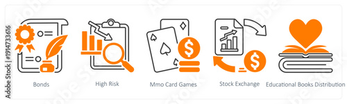 A set of 5 mix icons as bonds, high risk, mmo cards games