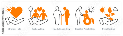 A set of 5 mix icons as orphans help, elderly people help, disabled people help