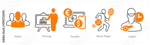 A set of 5 mix icons as teams, training, transfer