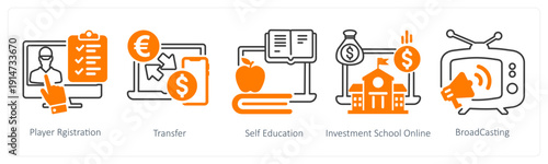 A set of 5 mix icons as player registration, transfer, self education