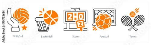 A set of 5 mix icons as volleyball, basket ball, score