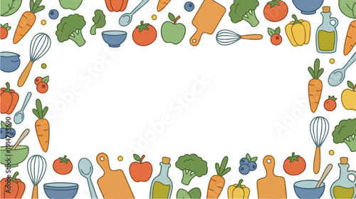 Colorful kitchen utensils and vegetables.