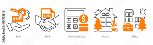 A set of 5 mix icons as rent, sold, cost calculator