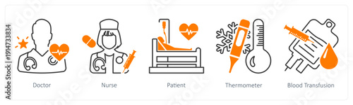 A set of 5 mix icons as doctor, nurse, patient