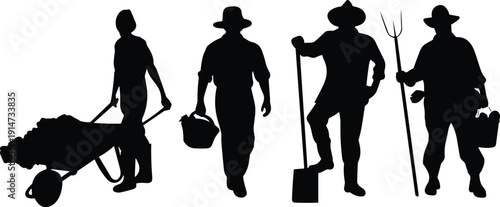Silhouette of Farmers with Farming Tools, Agriculture Workers, Rural Laborers, Farming Equipment, Vintage Style, CAD Drawing Flat Vector Illustration
