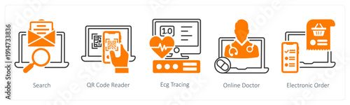 A set of 5 mix icons as search, qr code reader, ecg tracing