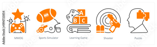 A set of 5 mix icons as mmog, sports simulator, learning game