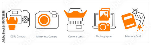 A set of 5 mix icons as dslr camera, mirrorless camera, camera lens