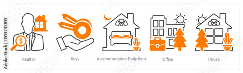 A set of 5 mix icons as realtor, keys, accommodation daily rent
